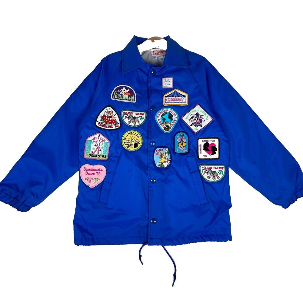 VTG Girl Scout blue snap windbreaker Made in USA 22 patches 1992-1995 Sz M 10-12